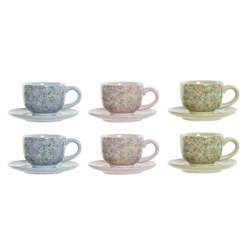 Ensemble de tasses à café DKD Home Decor Bleu Rose Métal Vert Fleurs Dolomite (6 pcs) (180 ml) (14 x 14 x 7 cm)