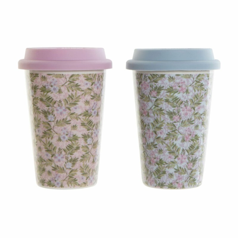 Tasse mug DKD Home Decor Bleu Vert Rose Silicone Porcelaine Fleurs (400 ml) (3 pcs)