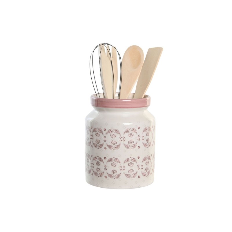 Pot pour ustensiles de cuisine DKD Home Decor Rose Métal Blanc 12 x 12 x 22 cm Dolomite Bois MDF (5 Unités)