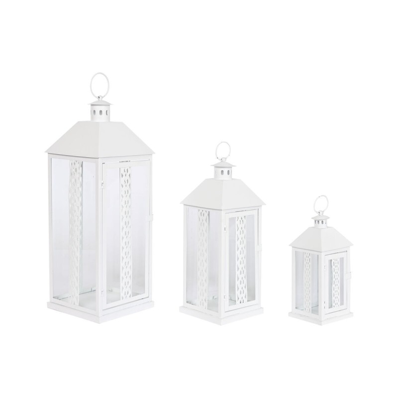 Lanterne Home ESPRIT Blanc Verre Fer Shabby Chic 20 x 20 x 55 cm (3 Pièces)