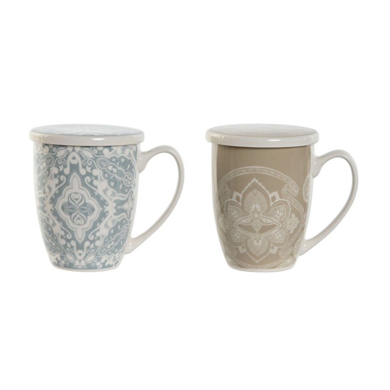 Tasse avec filtre pour infusions Home ESPRIT Bleu Beige Acier inoxydable Porcelaine 380 ml (2 Unités)