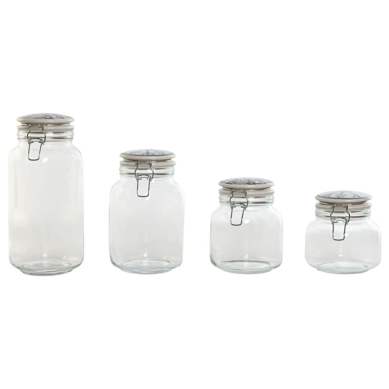 Set de 4 Boites Home ESPRIT Bleu Blanc Métal Silicone Verre Grès 800 ml 1 L 1