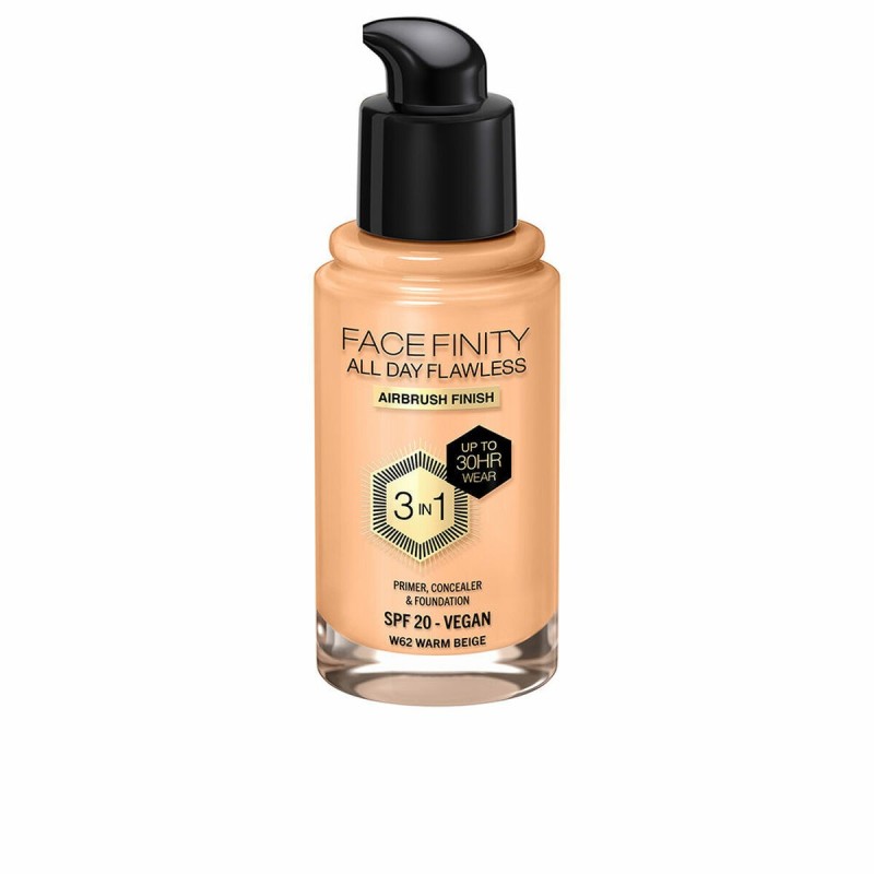 Base de Maquillage Crémeuse Max Factor Face Finity All Day Flawless 3-en-1 Spf 20 Nº W62 Warm beige 30 ml