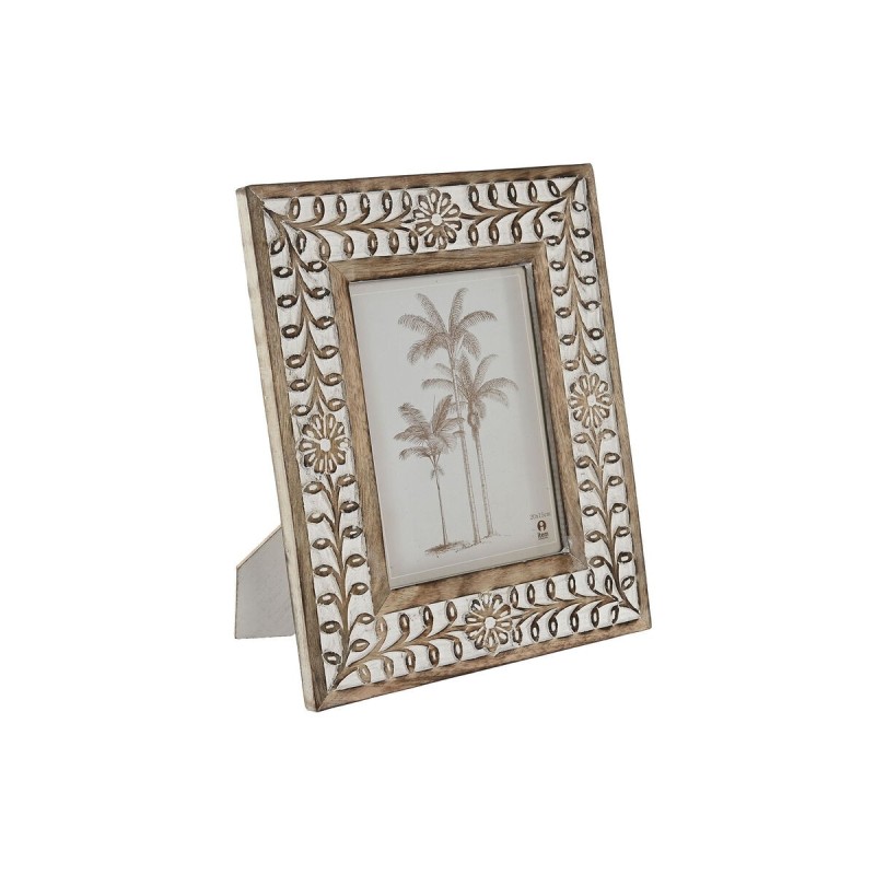 Cadre photo Home ESPRIT Blanc Naturel Verre Bois de manguier Fleur Indien 26