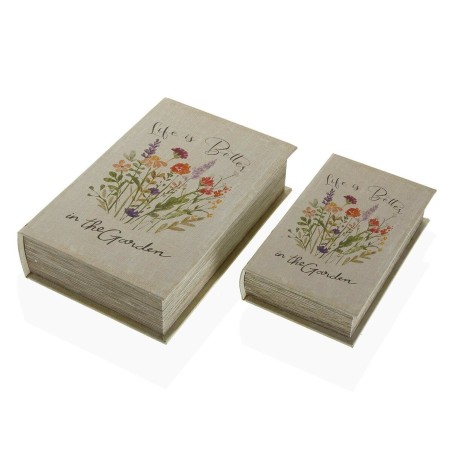 Set de boîtes décoratives Versa Livre Fleurs Toile Bois MDF 7 x 27 x 18 cm