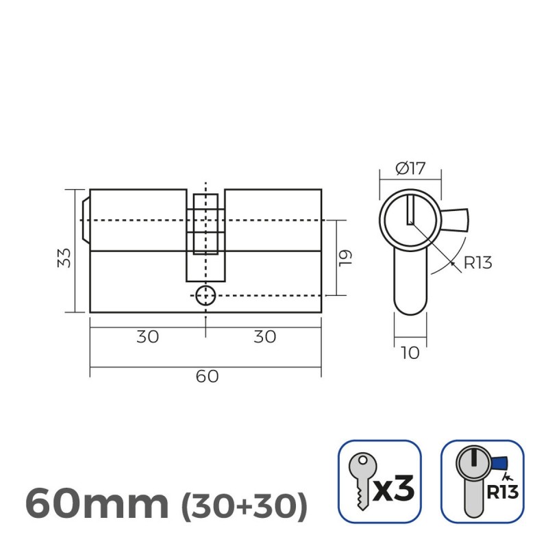 Cylindre EDM 85183 r13 Doré Laiton Came courte 60 x 30 x 17 mm Européen