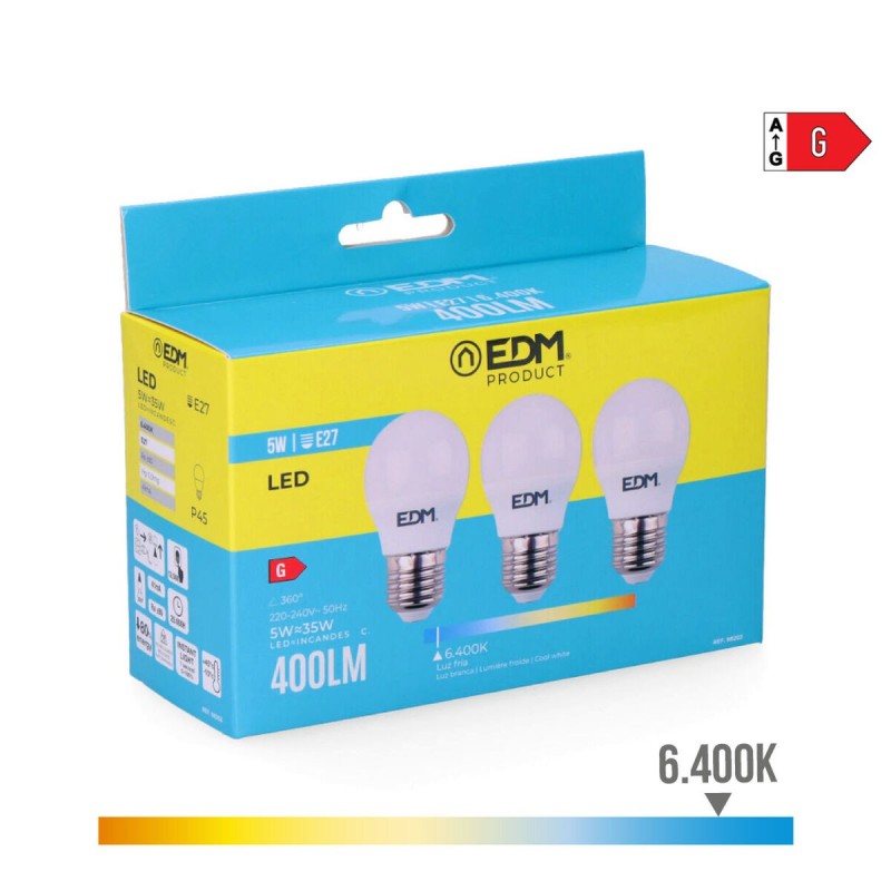 Pack de 3 ampoules LED EDM 98203 G 35 W 5 W 50 W E27 400 lm Ø 4,5 x 8 cm (6400 K)