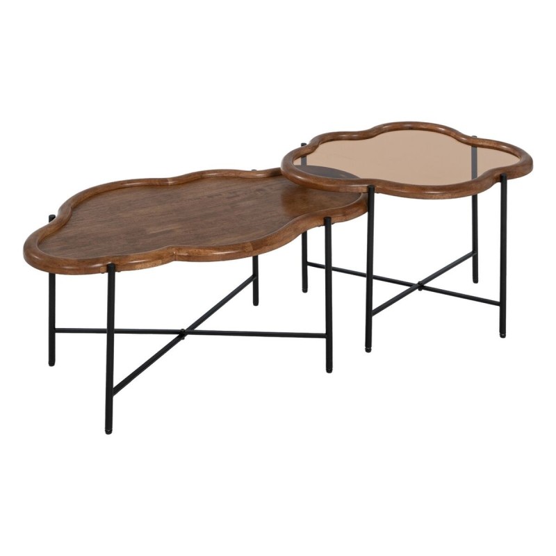 Table Basse Noir Naturel Verre Fer Bois d'hévéa 89 x 50 x 40 cm (2 Unités)