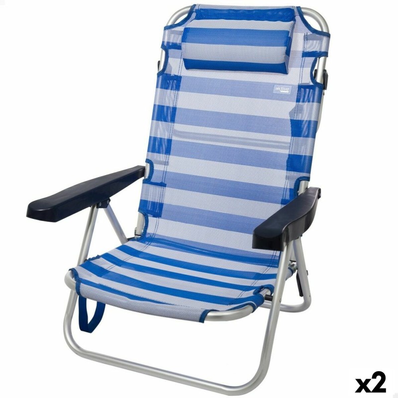 Chaise de Plage Aktive Pliable Coussin Blanc Bleu 48 x 84 x 46 cm (2 Unités)