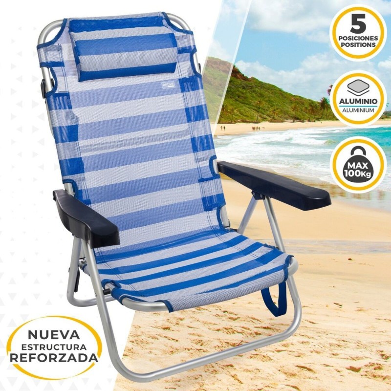 Chaise de Plage Aktive Pliable Coussin Blanc Bleu 48 x 84 x 46 cm (2 Unités)