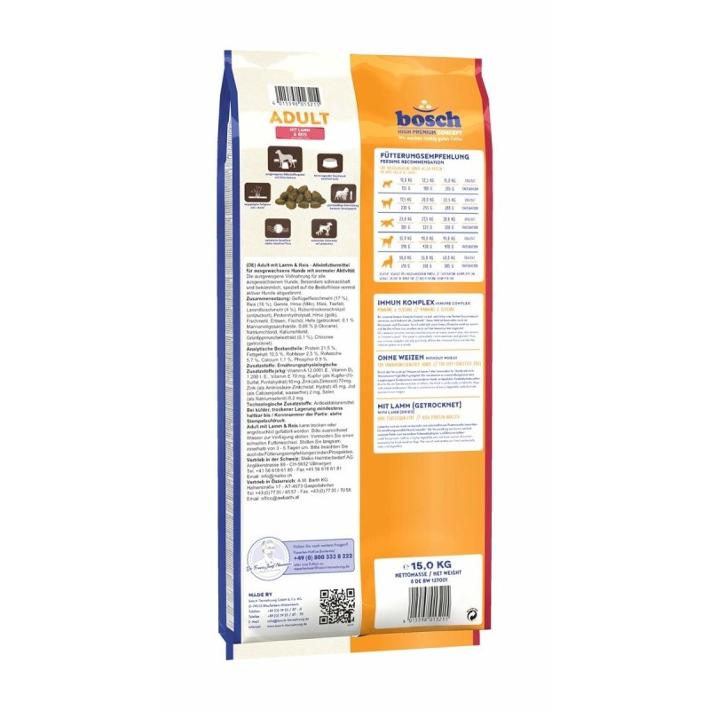 Nourriture BOSCH Adulte Agneau Riz 15 kg