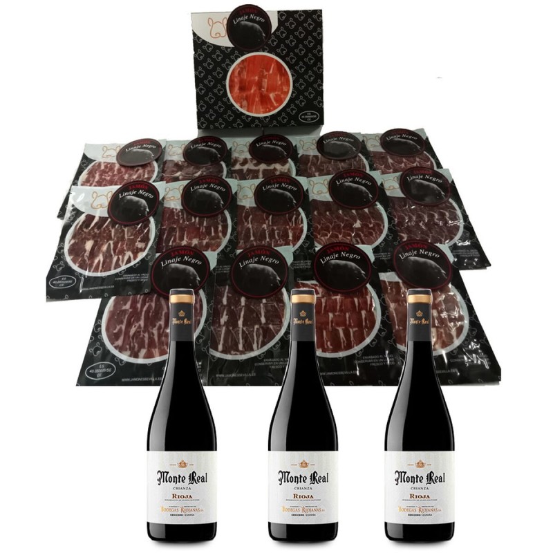 Jambon cru de cebo Linaje Negro 100 g x 15 Bouteille de vin rouge 750 ml x 3 Monte Real