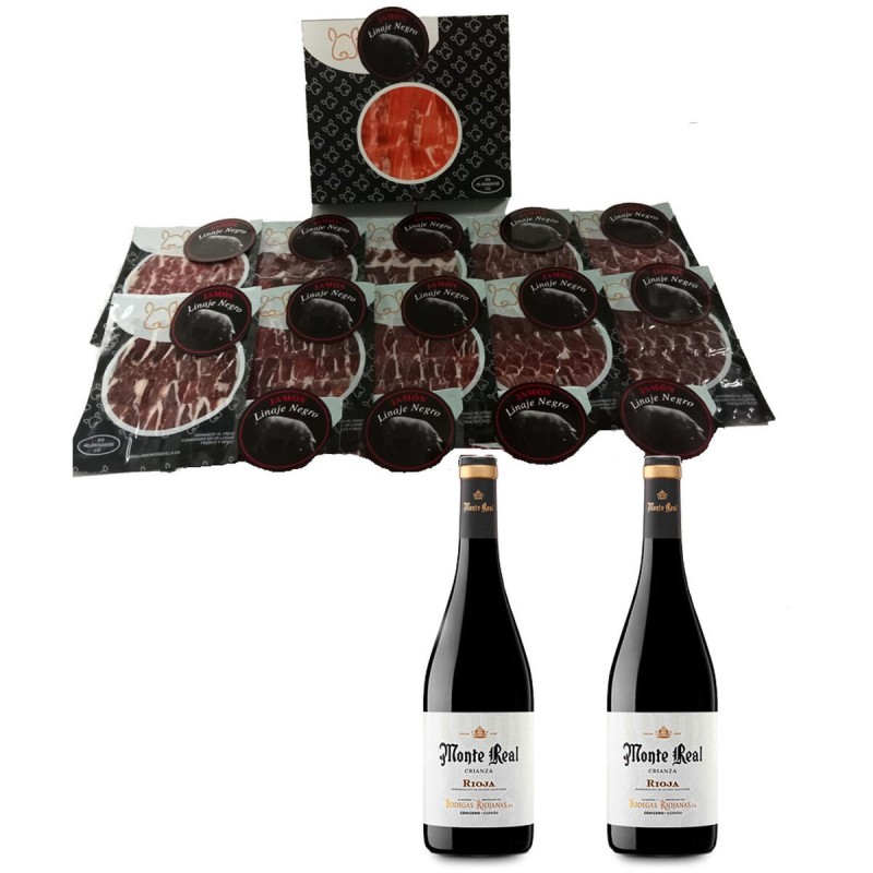 Jambon cru de cebo Linaje Negro 100 g x 10 Bouteille de vin rouge 750 ml x 2 Monte Real