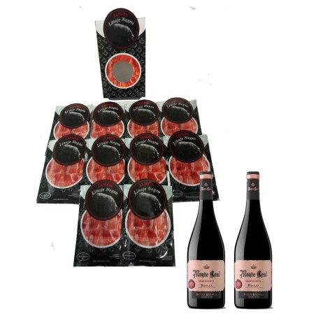 Jambon Ibérique Bellota Linaje Negro 100 g x 10 Bouteille de vin rouge 750 ml x 2 Monte Real