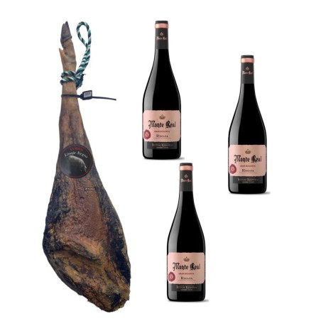 Jambon Ibérique Bellota Linaje Negro 9 kg Bouteille de vin rouge 750 ml x 3 Monte Real