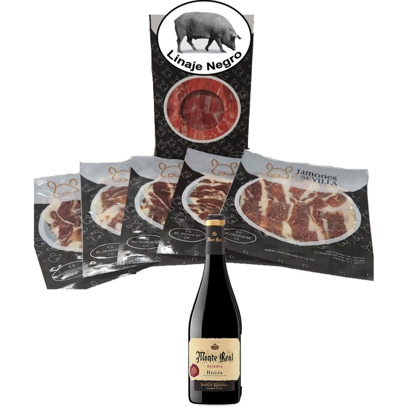 Jambon cru de cebo Linaje Negro 100 g x 5 Bouteille de vin rouge 750 ml Monte Real