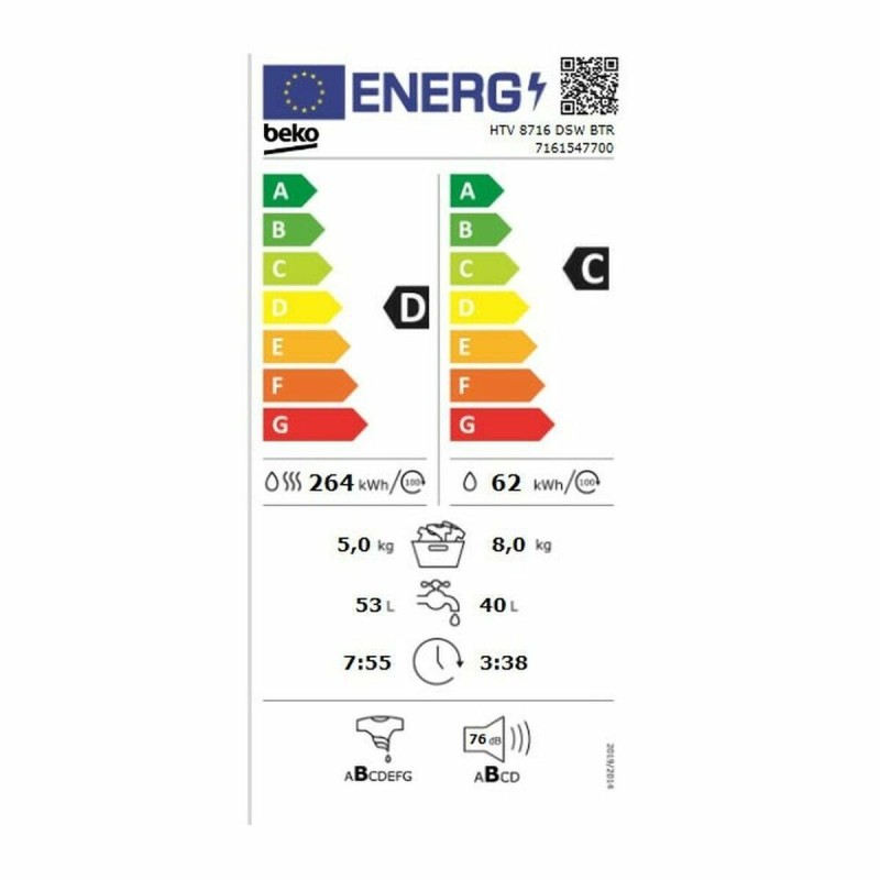 Laveuse - Sécheuse BEKO HTV8716DSWBTR 8kg / 5kg 1400 rpm Blanc