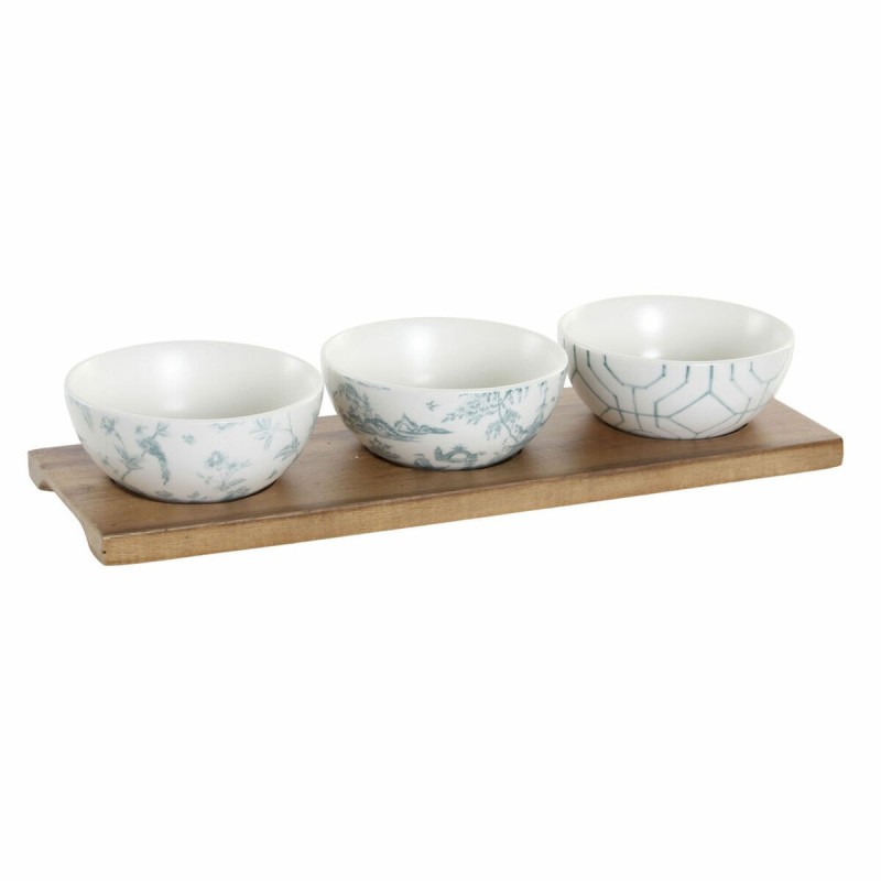 Ensemble à apértif DKD Home Decor Blanc Blue marine Porcelaine Acacia Plastique Oriental 4 Pièces 30 x 9