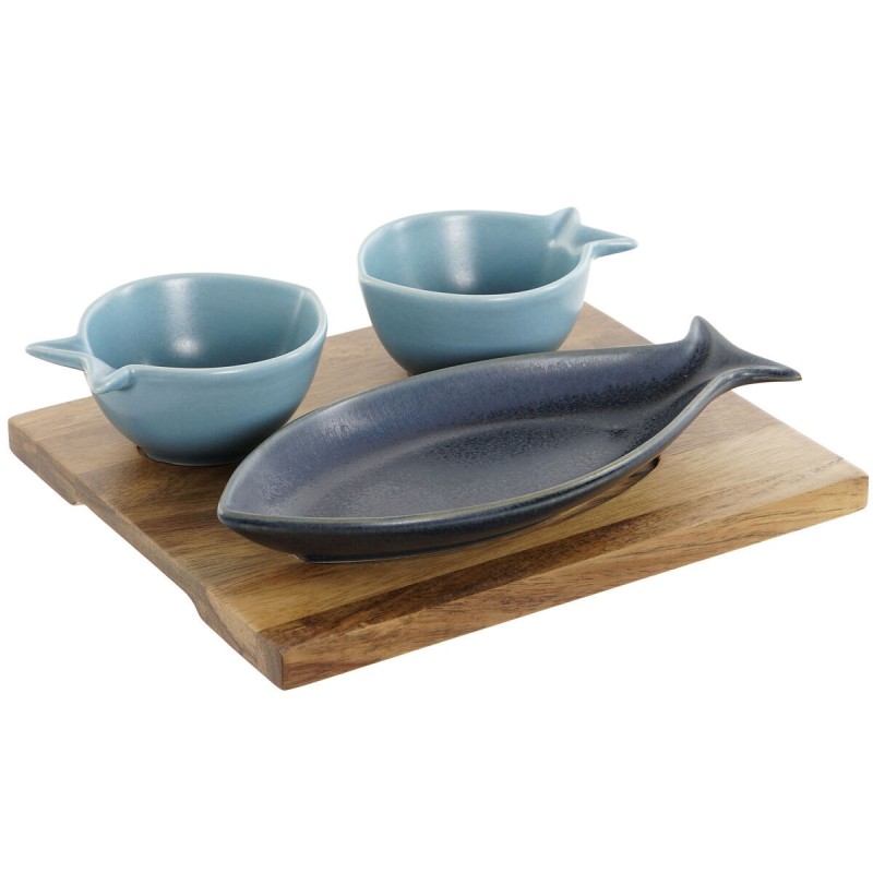 Ensemble à apértif Home ESPRIT Bleu Bleu ciel Porcelaine Acacia méditerranéen Poissons 19