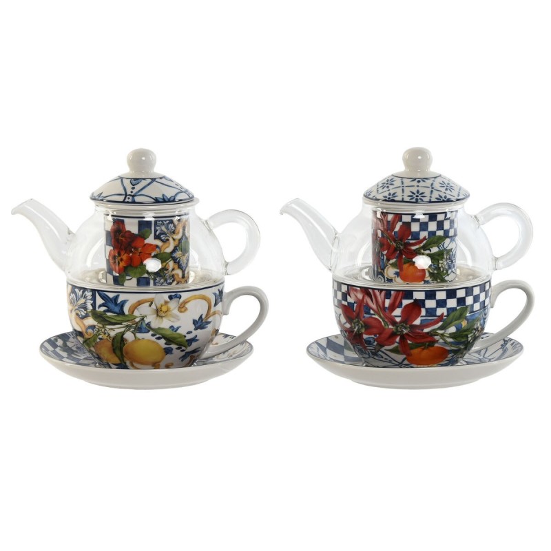 Théière Home ESPRIT Bleu Blanc Verre Porcelaine (2 Unités)