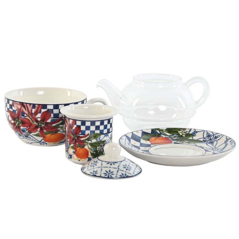 Théière Home ESPRIT Bleu Blanc Verre Porcelaine (2 Unités)