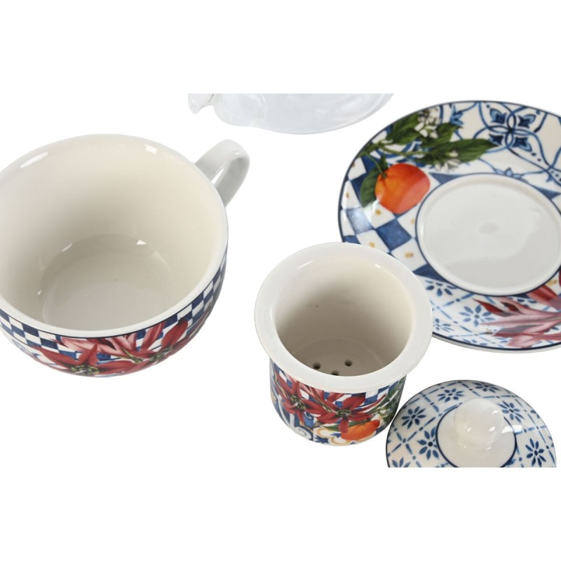 Théière Home ESPRIT Bleu Blanc Verre Porcelaine (2 Unités)