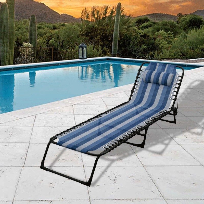 Marbueno Chaise Longue Pliable Acier Avec Coussin Jardin et Piscine 190X58X27 cm Rayures Bleues 10171