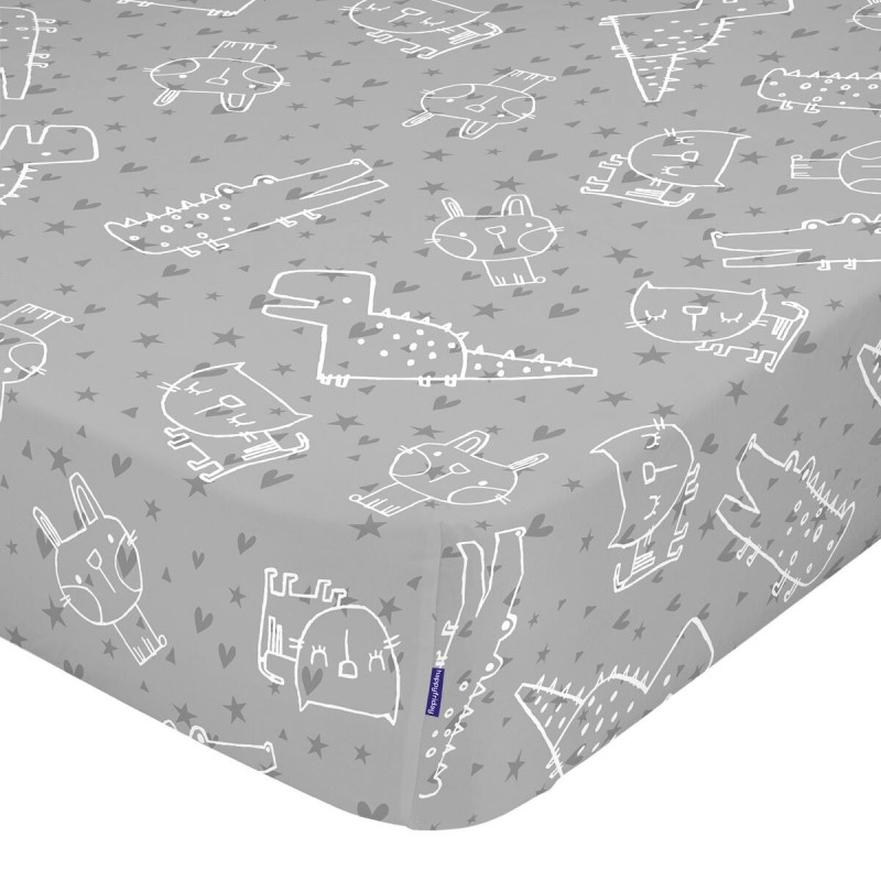 Drap housse HappyFriday MOSHI MOSHI Gris Multicouleur 70 x 140 x 14 cm animaux