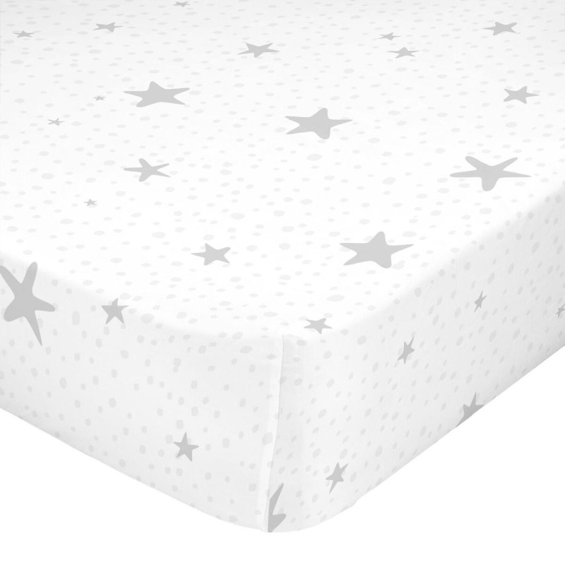 Drap housse HappyFriday BASIC KIDS Blanc Gris 70 x 140 x 14 cm Etoiles