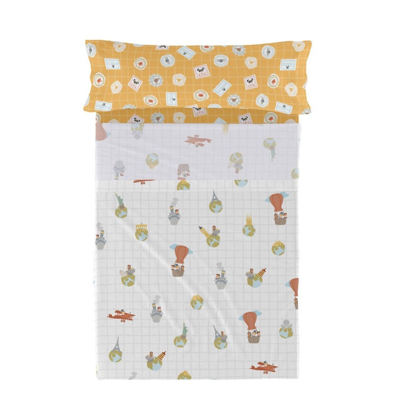 Jeu de draps HappyFriday Mr Fox World Trip Multicouleur Lit 1 persone 2 Pièces