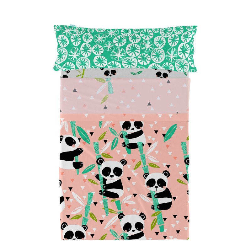 Jeu de draps HappyFriday Moshi Moshi Panda garden Rose Lit 1 persone 2 Pièces