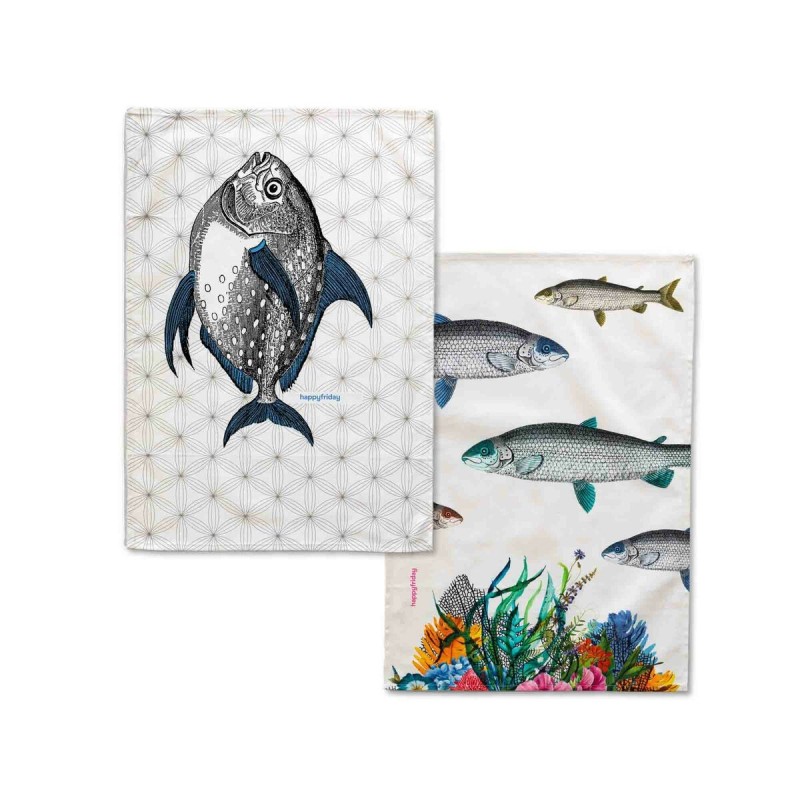 Tissu de cuisine HappyFriday Fish Multicouleur 70 x 50 cm (2 Unités)