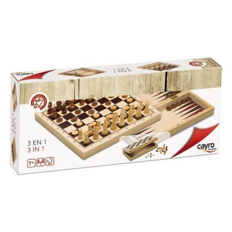 Ensemble de 3 jeux de société Cayro 648 Bois 29 x 29 cm 3-en-1 Jeu d'Échecs Backgamon Femmes