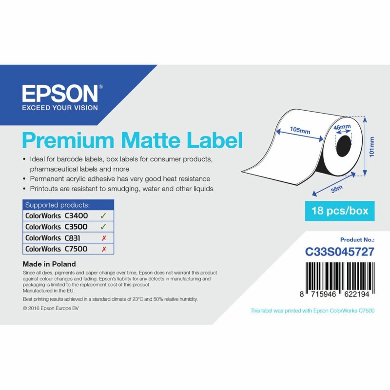 Etiquettes pour Imprimante Epson C33S045727 Blanc 46 mm (18 Unités)