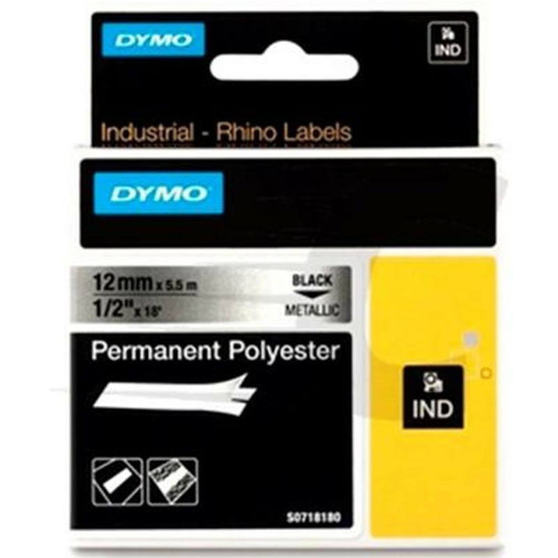 Ruban Laminé pour Etiqueteuses Dymo ID1-12 Noir Argenté 12 mm x 5