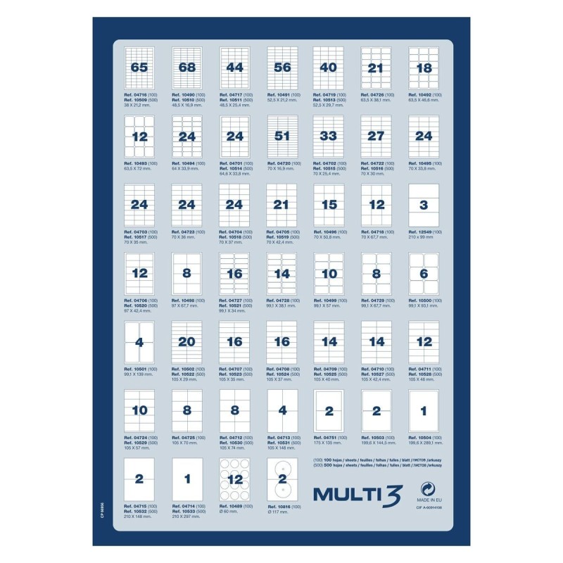 Étiquettes adhésives MULTI 3 Blanc Droit 500 Volets 70 x 37 mm (24 Unités)