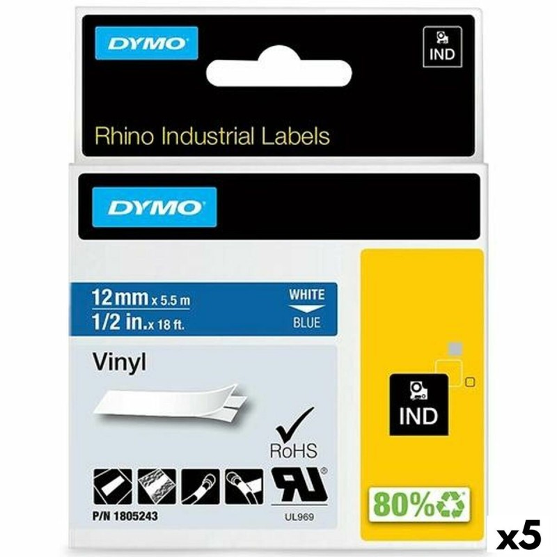 Ruban Laminé pour Etiqueteuses Rhino Dymo ID1-12 Bleu Blanc 12 x 5