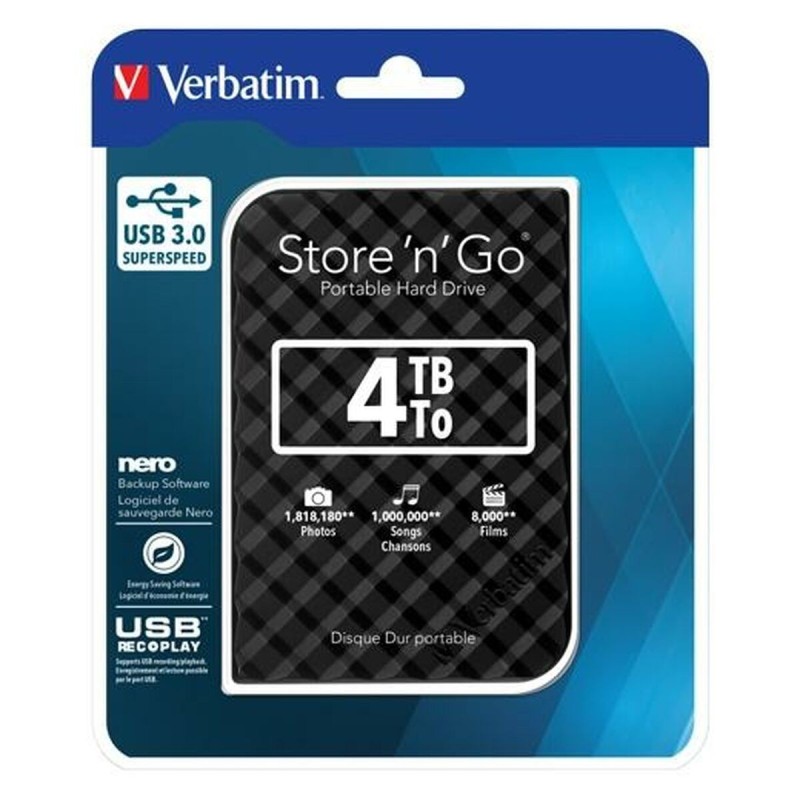 Disque Dur Externe Verbatim Disco Duro Portátil Store 'n' Go USB 3.0 de 4 TB en color Negro USB 3.0