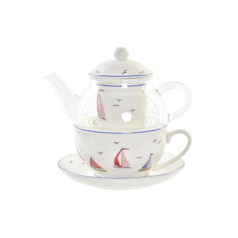 Théière DKD Home Decor Voiliers Verre Porcelaine Blanc (250 ml)