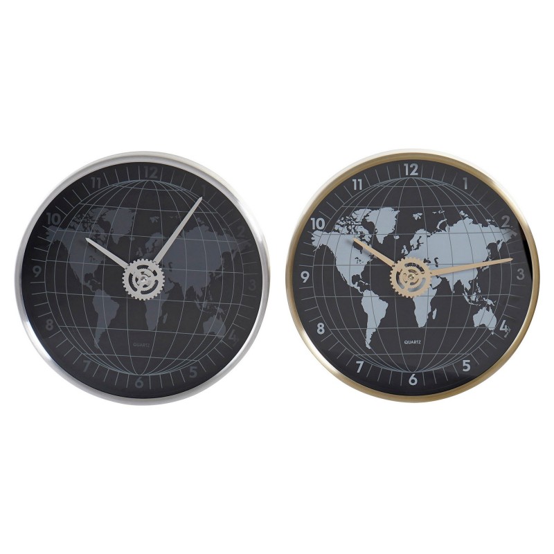 Horloge Murale DKD Home Decor Noir Doré Argenté Aluminium Verre Mappemonde 30 x 4