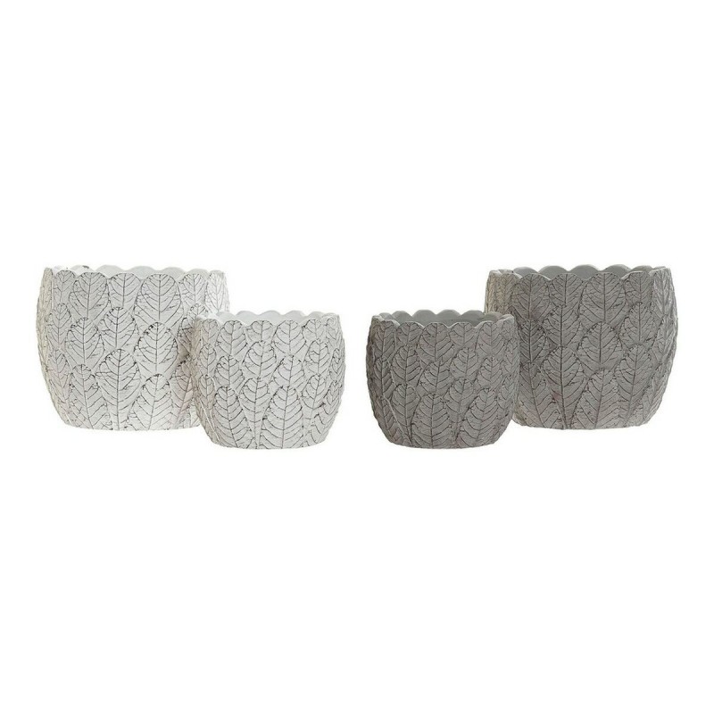 Set de pots DKD Home Decor Gris Ciment Blanc Feuille d'une plante (2 Unités) (18 x 18 x 15 cm)