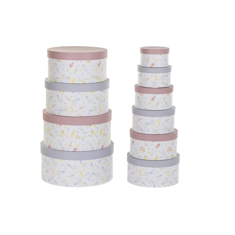 Jeu de Caisses de Rangement Empilables DKD Home Decor Fleurs Rayures Bleu Lila Blanc Multicouleur Carton (37