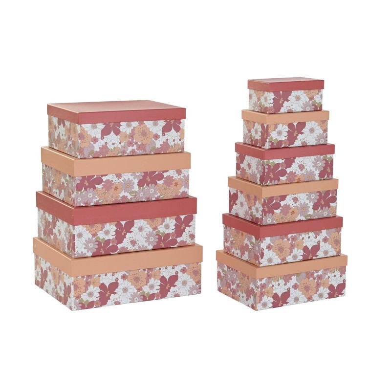 Jeu de Caisses de Rangement Empilables DKD Home Decor Fuchsia Blanc Pêche Carton (43