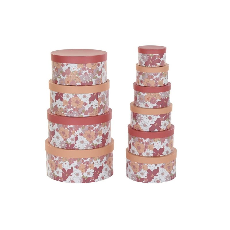 Jeu de Caisses de Rangement Empilables DKD Home Decor Fleurs Rayures Fuchsia Blanc Pêche Carton (37