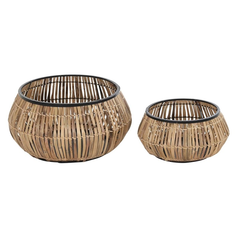 Set de pots DKD Home Decor Noir Naturel Métal Rotin Carré Bali 50 x 50 x 25