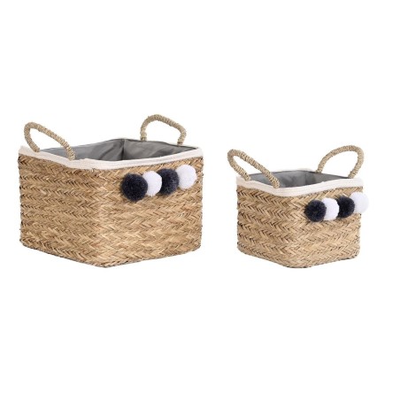 Set de basket DKD Home Decor Naturel Fibre naturelle Pompons 33 x 33 x 25 cm 2 Pièces