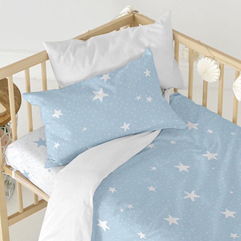 Drap housse HappyFriday BASIC KIDS Bleu Blanc 60 x 120 x 14 cm Etoiles