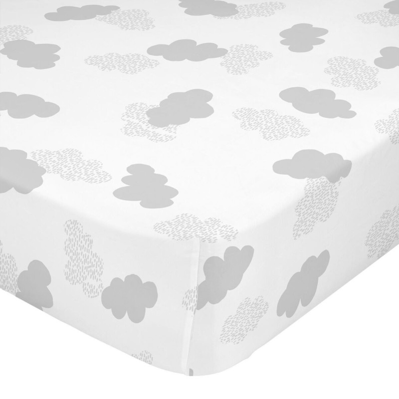 Drap housse HappyFriday BASIC KIDS Blanc Gris 70 x 140 x 14 cm Nuages