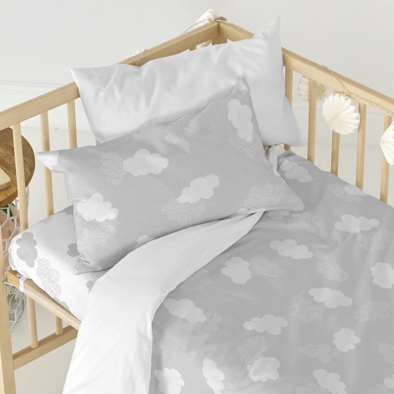 Drap housse HappyFriday BASIC KIDS Blanc Gris 70 x 140 x 14 cm Nuages