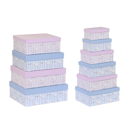 Jeu de Caisses de Rangement Empilables DKD Home Decor Bleu Rose Carton (43